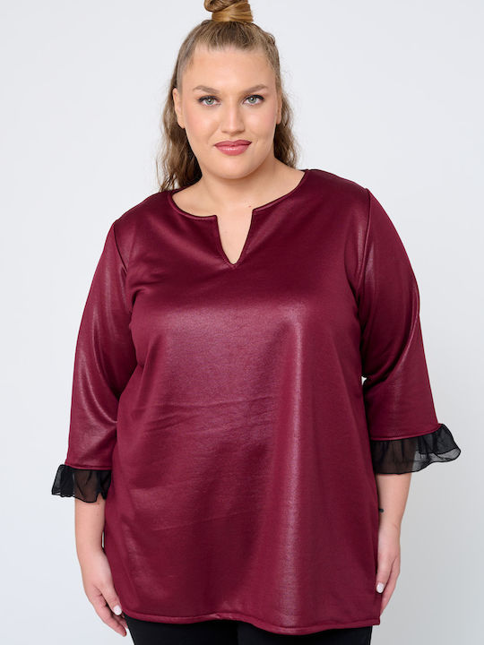 Jucita Women's Blouse Leather with 3/4 Sleeve Burgundy