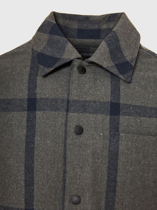 Дълъг Ръкав Фланелена Overshirt с Прекалено Голяма Линия Каре Сив