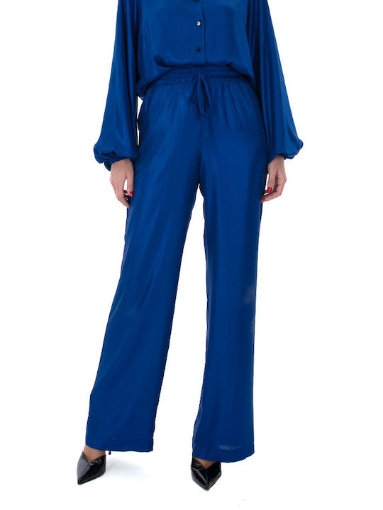 Zoya Pants Women's Fabric Trousers with Elastic in Straight Line Blue