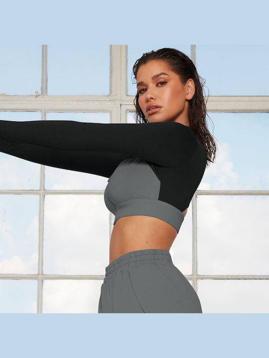 Lorena Γυναικείο Αθλητικό Crop Top Μακρυμάνικο Γκρι