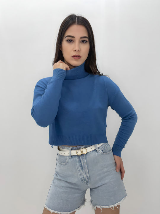 Passione Moda Damen Bluse Langärmelig Rollkragenpullover Blau