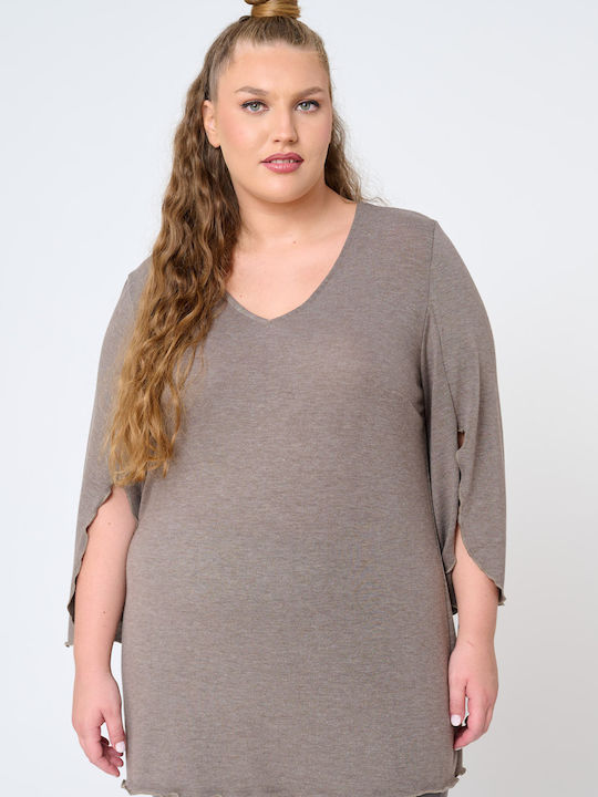 Women's Long Sleeve Sweater with V Neckline Beige