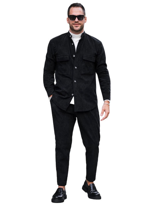 Μακρυμάνικo Κοτλέ Overshirt σε Κανονική Γραμμή Μαύρο