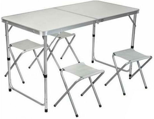 General Trade Metallic Camping Table Set Foldable in Case 120x60x71cm White 5 Pieces