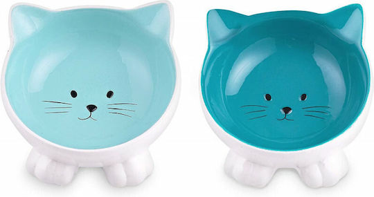Navaris Ceramic Bowl Food & Water for Dog & Cat with Base in Blue Color 2pcs