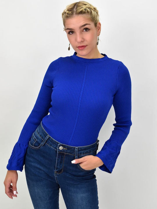 Potre Women's Crop Top Long Sleeve Blue