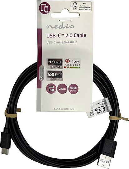 Nedis USB 2.0 Cable USB-C male - USB-A 15W Black 2m (CCGL60601BK20) Bulk