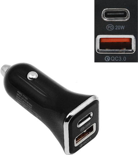 Treqa Auto-Ladegerät 20W 2.4A mit Anschlüssen: 1xUSB 1xType-C