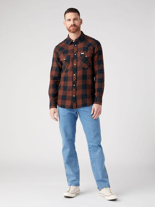 Wrangler Men's Shirt Long Sleeve Cotton Checked Brown