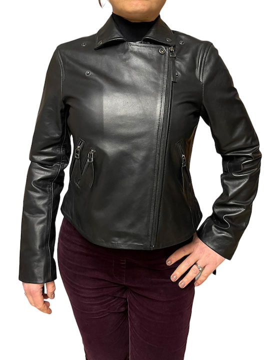 MARKOS LEATHER Women's Short Biker Leather Jacket for Winter Black