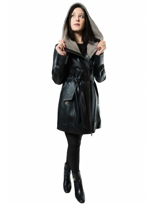 MARKOS LEATHER Women's Long Lifestyle Leather Jacket for Winter with Hood Black