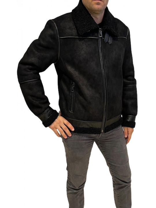 MARKOS LEATHER Μουτον Men's Winter Leather Jacket Black