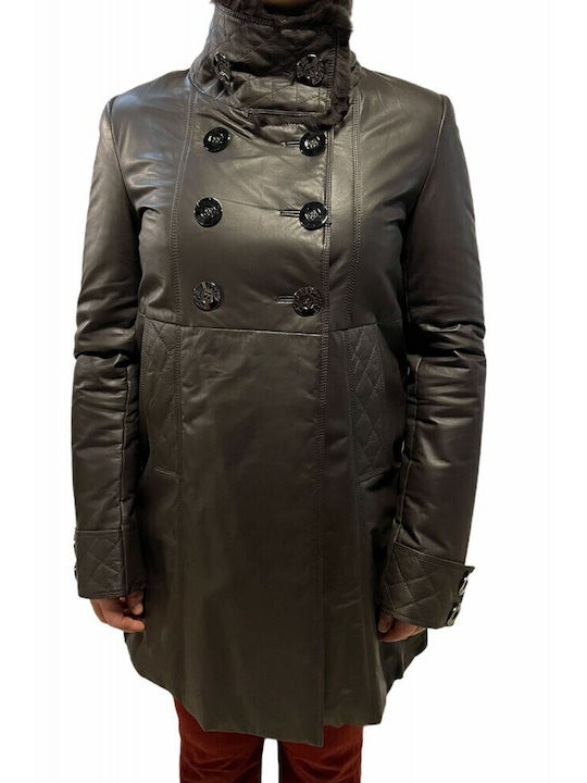 MARKOS LEATHER Women's Leather Midi Half Coat with Buttons and Fur Brown