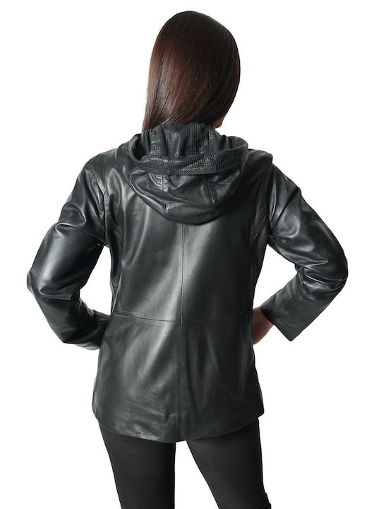 MARKOS LEATHER Women's Leather Short Half Coat with Zipper and Hood Black