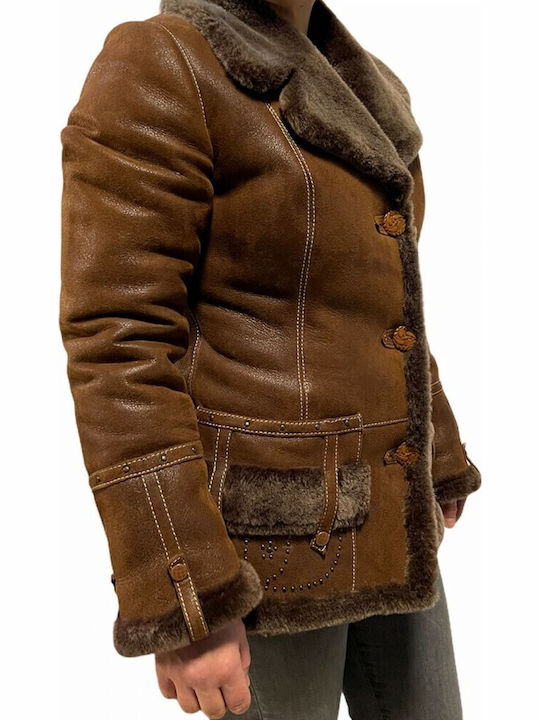 Mouton Women's Brown Peacoat with Fur Details