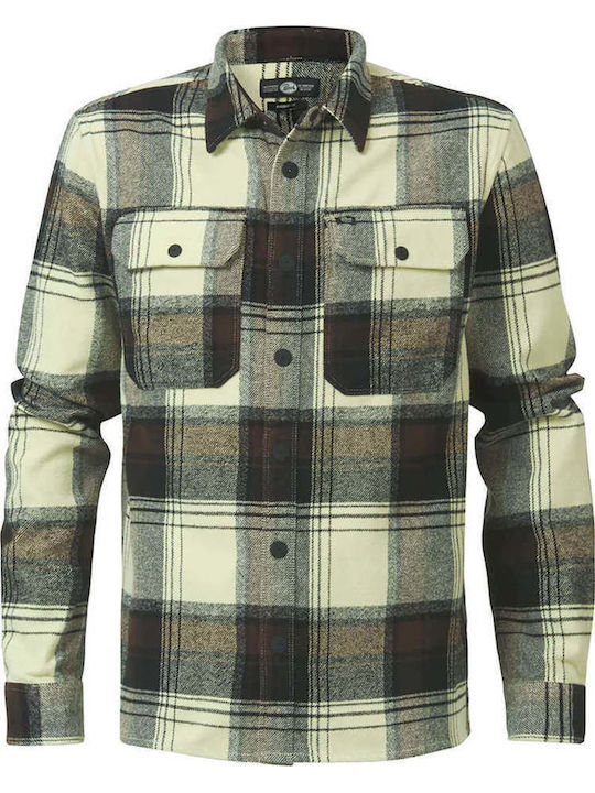 Μακρυμάνικo Βαμβακερό Overshirt σε Κανονική Γραμμή Καρό Καφέ