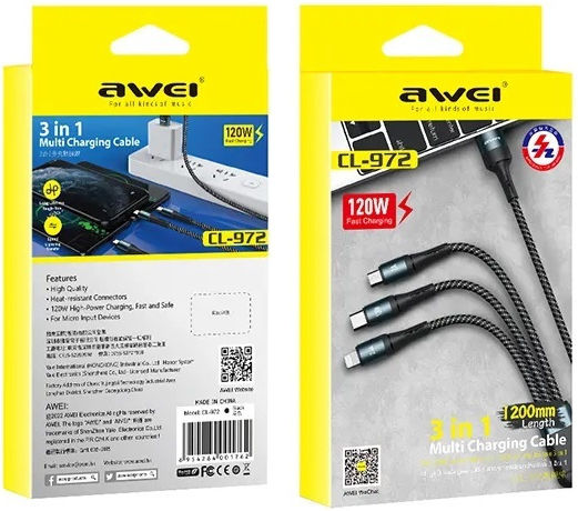 Awei CL-972 Braided USB to micro USB / Type-C / Lightning Cable Μπλε 1.2m