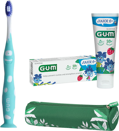 GUM Promo Junior Jungle Baby Set Periuță de Dinți pentru Copii și Bebeluși cu Gust de Afine pentru 6+ ani 50ml Albastru