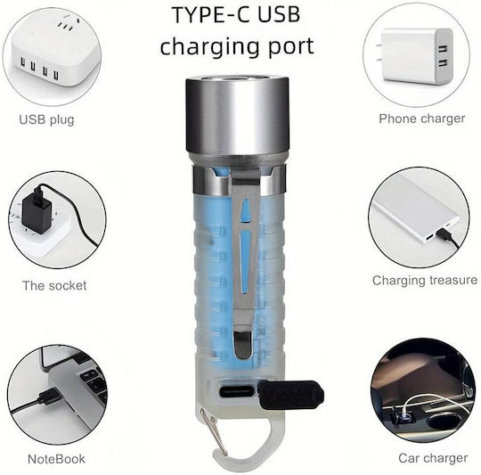 Rechargeable Keychain Flashlight LED IPX4 with Maximum Brightness 400lm Silver
