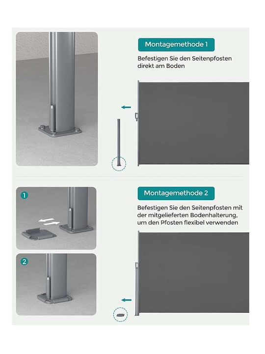 Songmics Πλαϊνό Ρολό Σκίασης Κήπου Γκρι 2x2m