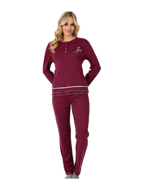 Lydia Creations Winter Women's Pyjama Set Cotton Burgundy