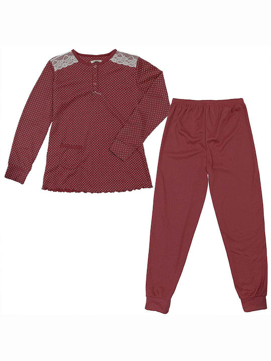 Ustyle Winter Damen Pyjama-Set Baumwolle Burgundisch