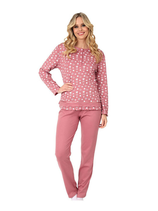 Lydia Creations Winter Women's Pyjama Set Cotton Pink