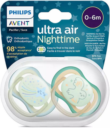 Philips Ultra Air Биберони Силикон Нощна Звезда/Птица - Зелен/Ментов за 0-6 месеци 2бр