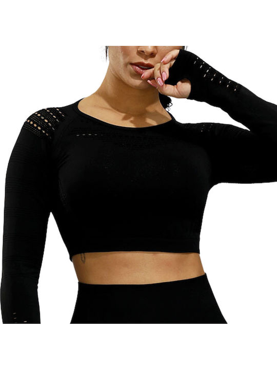 Women's Athletic Long Sleeve Crop Top Black