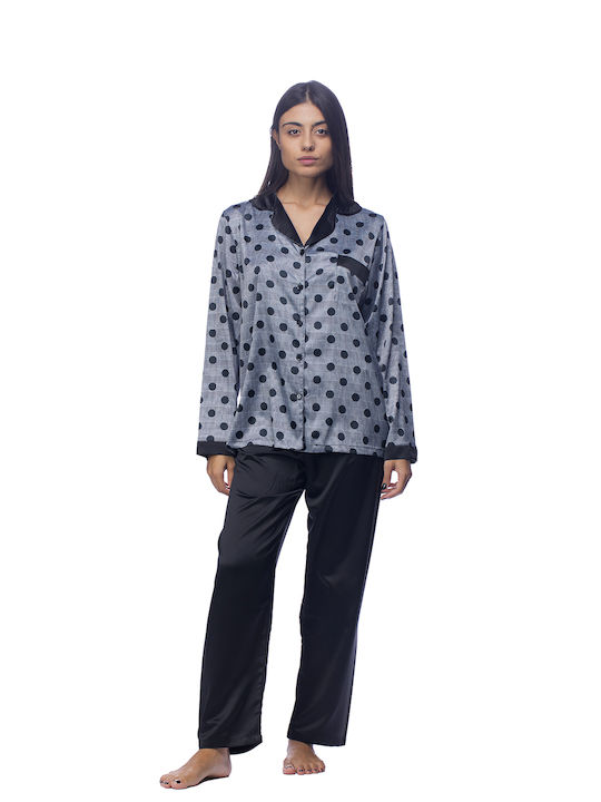 ZABOO Women's Satin Buttoned Pyjamas-ZB1040 Black