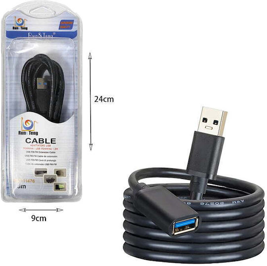 Run & Teng USB 2.0 Cable USB-A male - USB-A female Μαύρο 3m 87010
