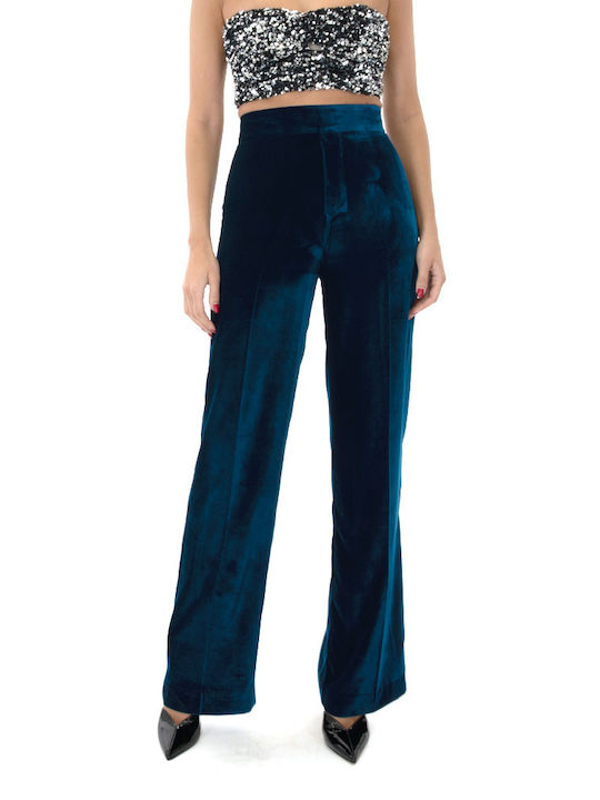 MY T Damen Hoch tailliert Samt Hose in Gerader Linie Blau