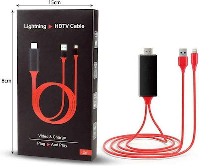 Cable HDMI male - Lightning male / USB-A male 2m Red