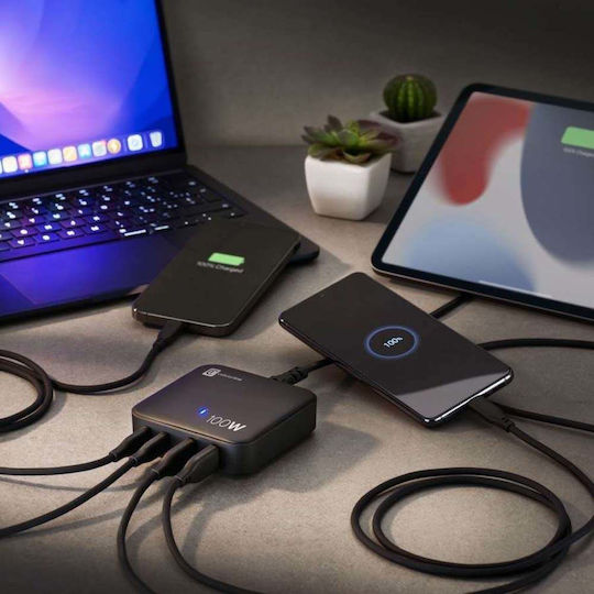 Cellular Line GaN Handyladegerät mit 2 USB-A Ausgangsanschlüsse und 2 USB-C Ausgangsanschlüsse und USB-C Kabel 100W in Schwarz