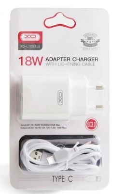 XO Încărcător cu Port USB-A și Cablu USB-C 18W Quick Charge 3.0 Albς (L103T)