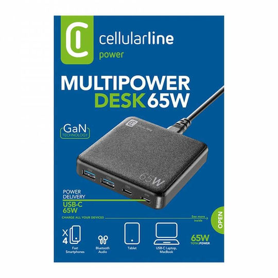 Cellular Line Βάση Φόρτισης με 2 Θύρες USB-A και 2 Θύρες USB-C 65W σε Μαύρο χρώμα (ACHUSBGAN4PD65WK)