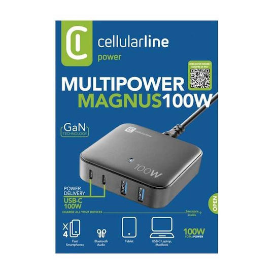 Cellular Line GaN Handyladegerät mit 2 USB-A Ausgangsanschlüsse und 2 USB-C Ausgangsanschlüsse und USB-C Kabel 100W in Schwarz