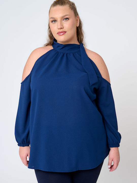 Jucita Γυναικεία Μπλούζα Off-Shoulder Μακρυμάνικη Μπλε