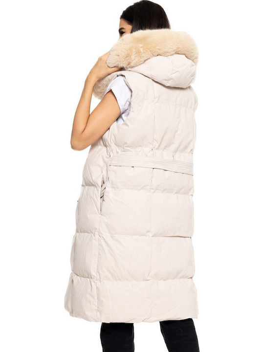 Women's Long Puffer Jacket for Winter with Hood Beige