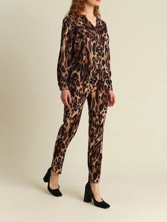 Women's High-waisted Fabric Trousers Slim Fit Leopard Black