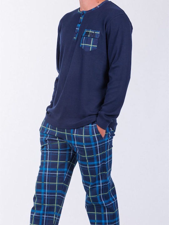 MEI Men's Winter Cotton Checked Pajama Pants Blue