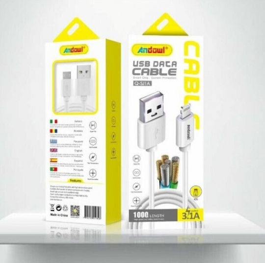 Andowl Q-SJ1A USB-A to Lightning Cable Λευκό 1m (Q-SJ1A)