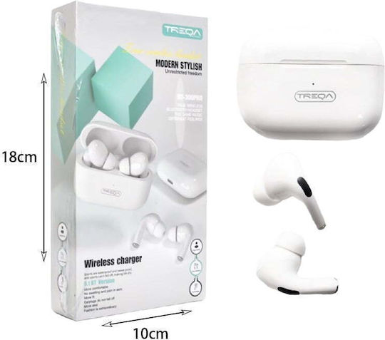 Treqa BT-300Pro Earbud Bluetooth Handsfree Ακουστικά με Θήκη Φόρτισης Λευκά