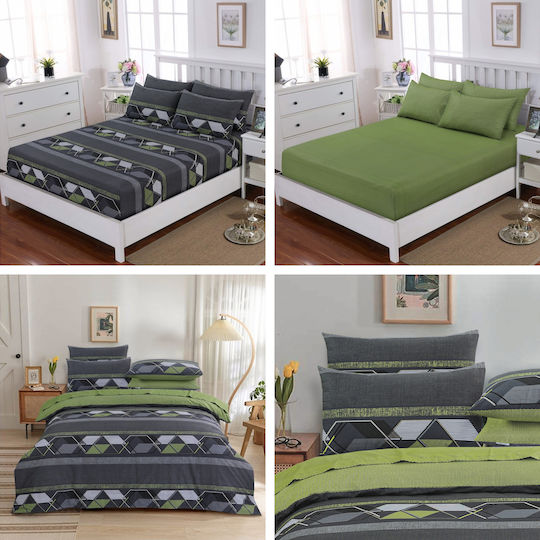 Casa Colori Cearșaf Dublu cu Elastic 140x200+30cm. Vince Verde
