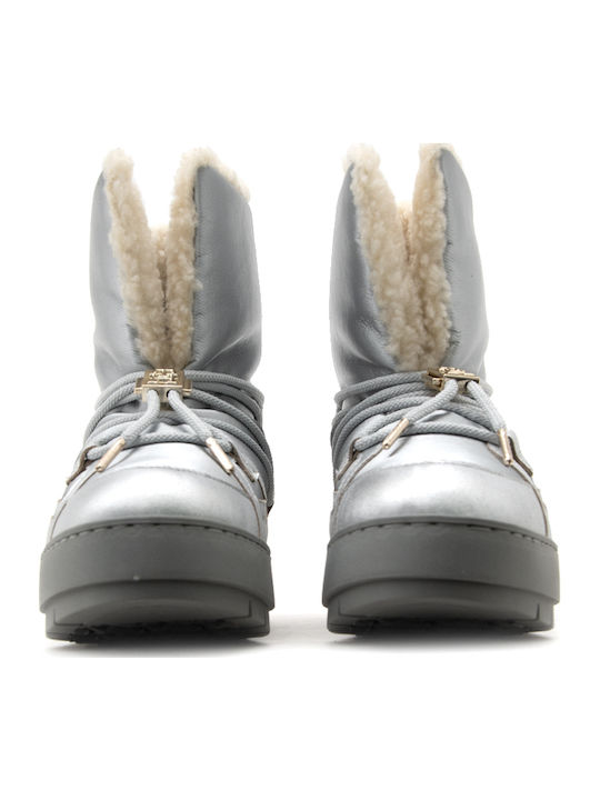 Synthetic Leather Snow Boots with Laces & Fur Gray