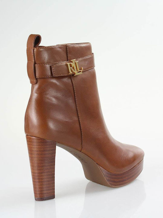 Ralph Lauren Leather Women's Ankle Boots with High Heel Brown