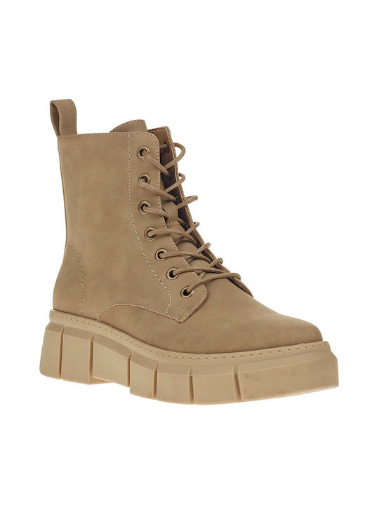 Verde Women's Leather Combat Boots Beige