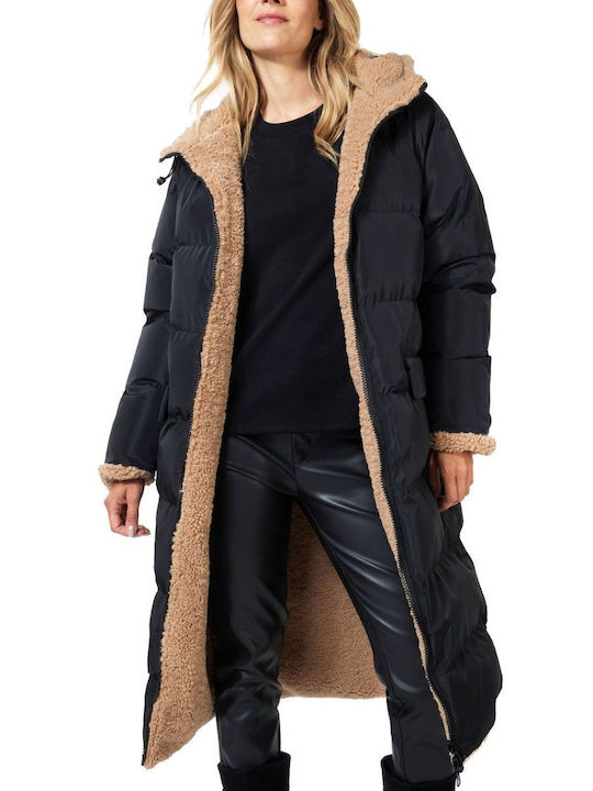 Esqualo Women's Long Puffer Jacket Față și spate Waterproof for Winter with Hood Brown