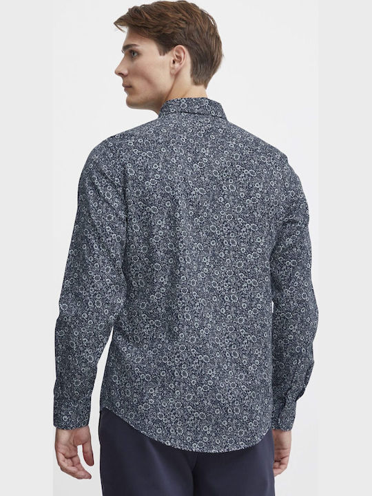 Long-sleeved Cotton Shirt Floral Navy Blue