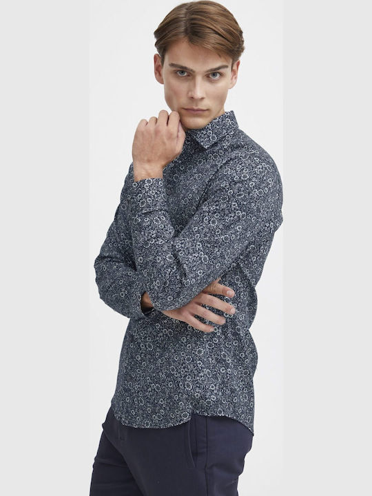 Long-sleeved Cotton Shirt Floral Navy Blue